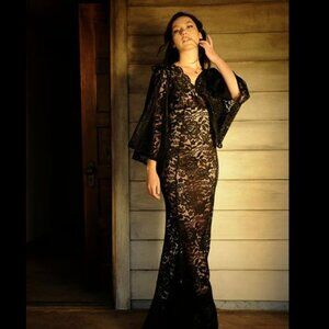 Maria Cape Sleeve Maxi Gown in Black Stretch Lace | Laura Byrnes Design